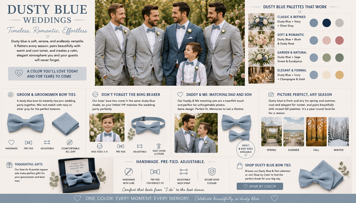 Dusty Blue Wedding Ideas: Bow Ties, Palettes & Styling Tips