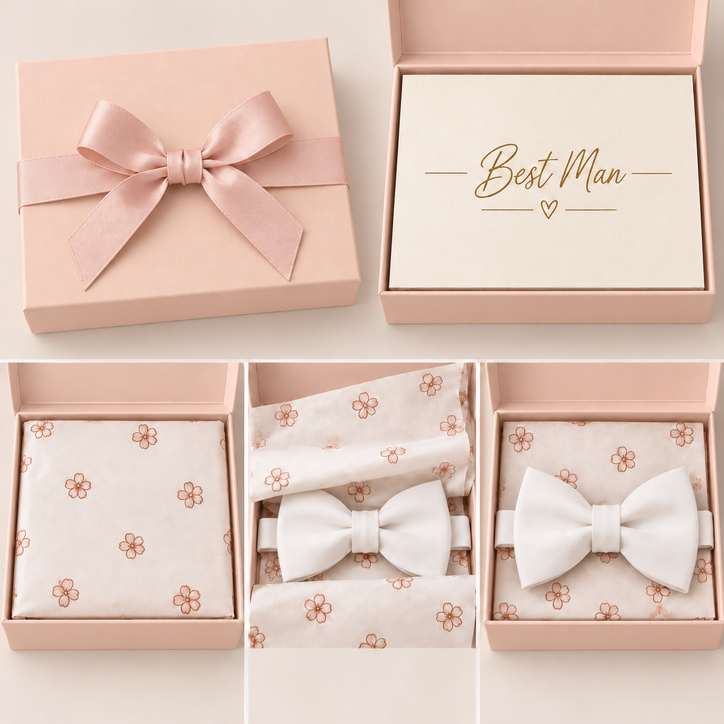 Bow tie gift box — blush pink box with ribbon, Best Man card, floral tissue paper and bow tie inside