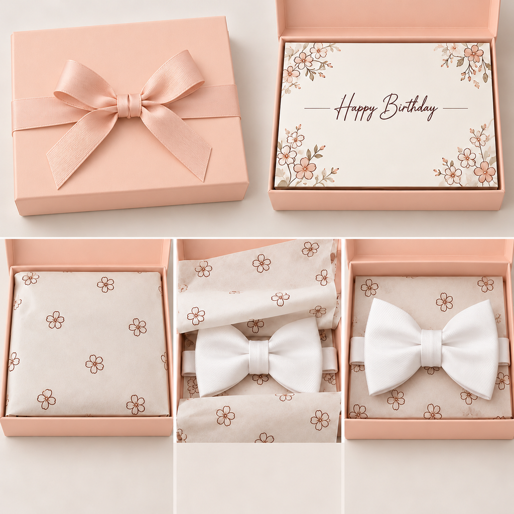 Kids bow tie gift packaging — blush pink gift box with ribbon, greeting card, floral tissue paper and bow tie inside