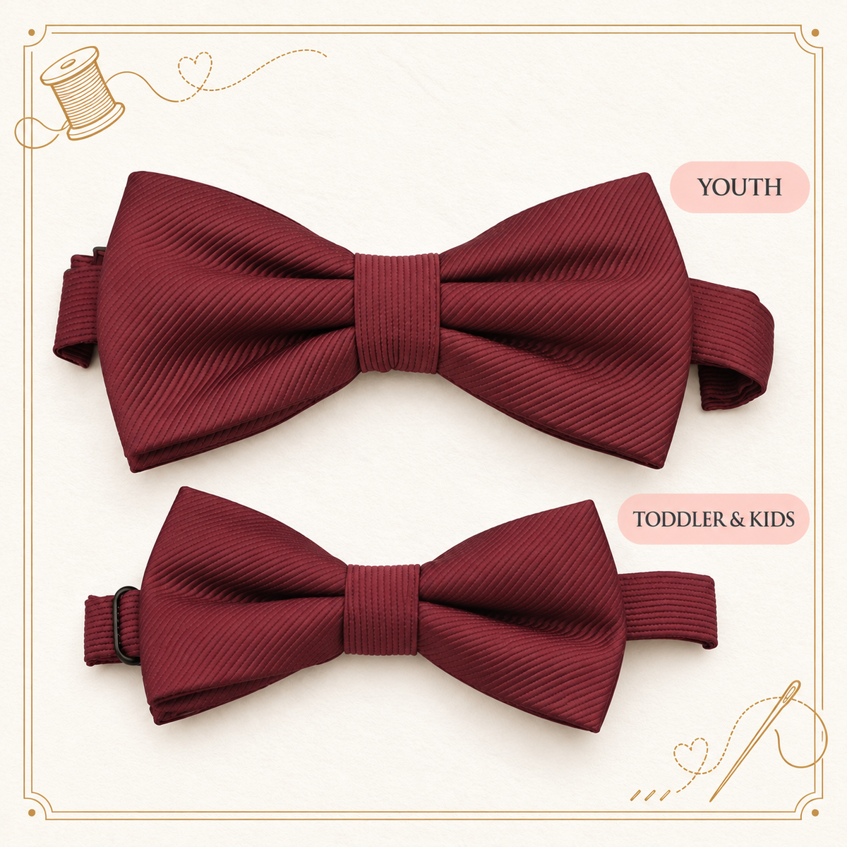 Burgundy Boys Bow Tie – Handmade Pre-Tied Bow Tie for Toddlers & Youth