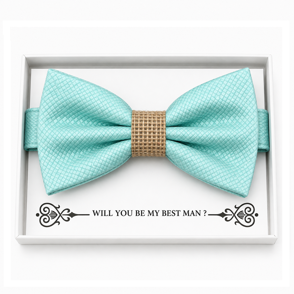 Aqua and Burlap Bow Tie — Wedding & Everyday, Adult & Kids Handmade Pre-Tied