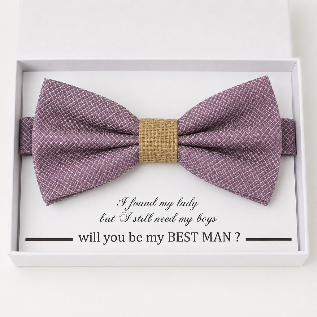 Dusty Purple and Burlap Bow Tie — Wedding & Everyday, Adult & Kids Handmade Pre-Tied