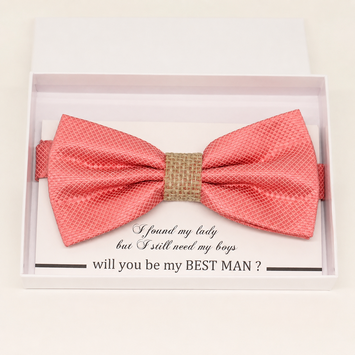 Coral and Burlap Bow Tie — Wedding & Everyday, Adult & Kids Handmade Pre-Tied