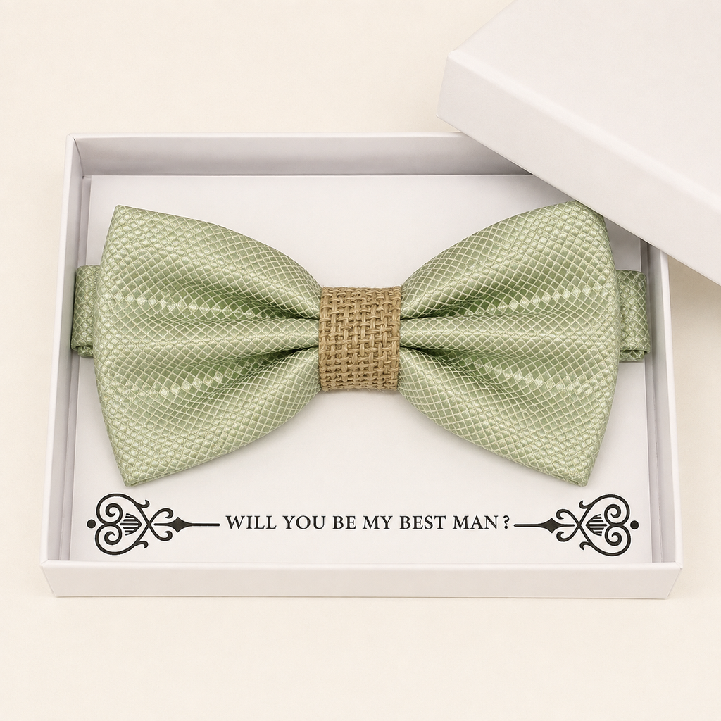 Sage Green and Burlap Bow Tie — Wedding & Everyday, Adult & Kids Handmade Pre-Tied