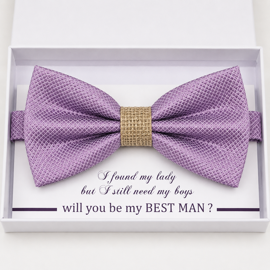 Dusty Lavender and Burlap Bow Tie — Wedding & Everyday, Adult & Kids Handmade Pre-Tied