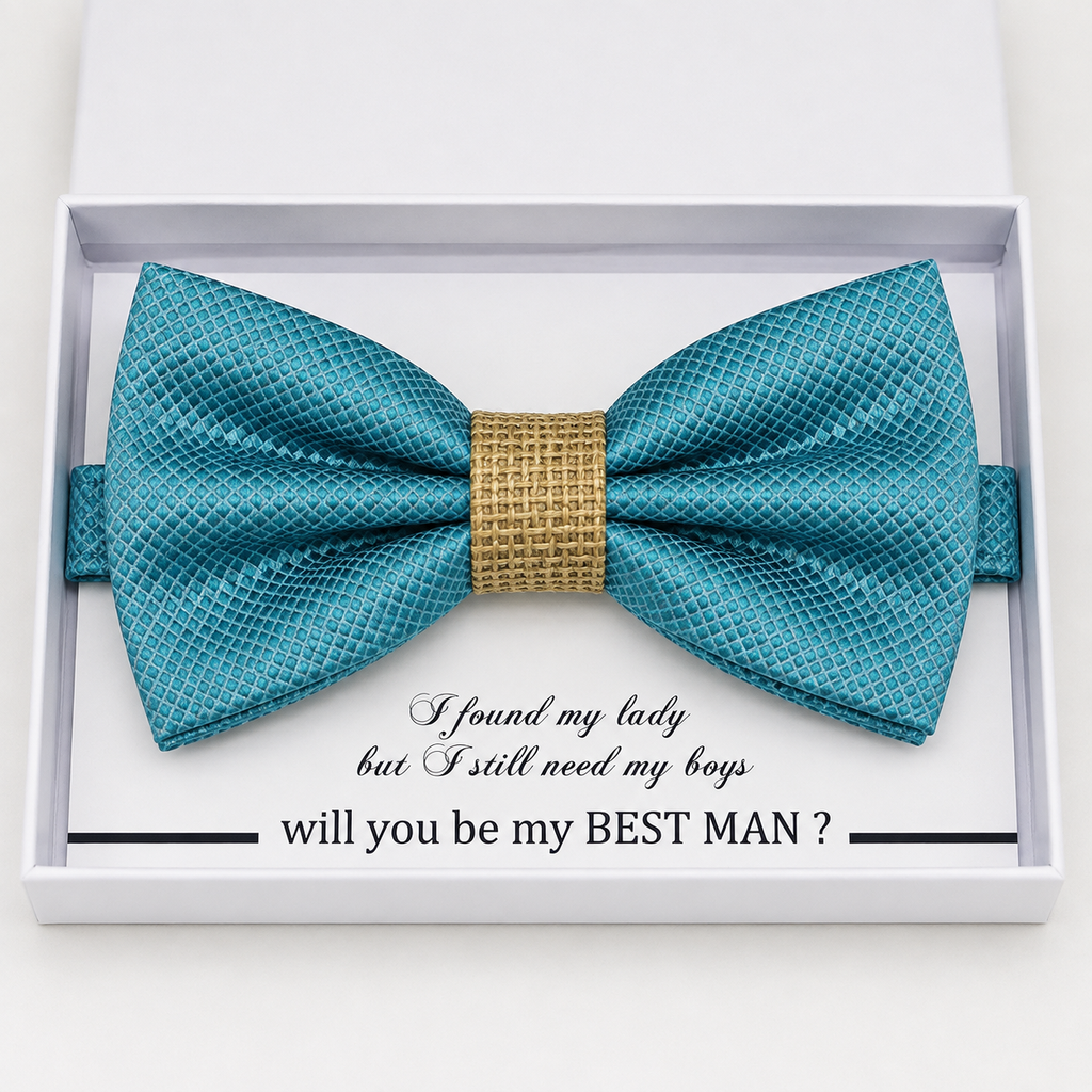 Ocean Blue and Burlap Bow Tie — Wedding & Everyday, Adult & Kids Handmade Pre-Tied