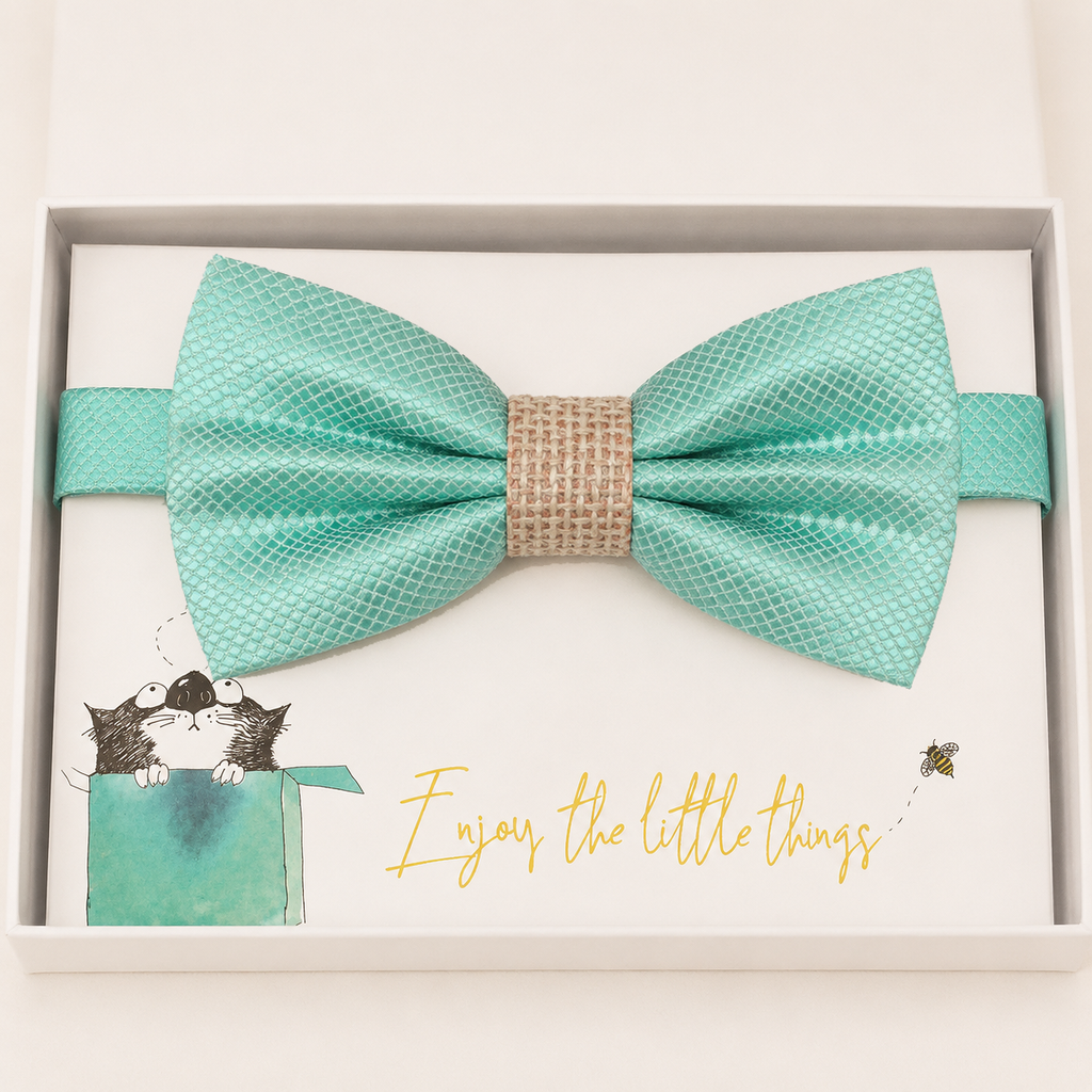 Aqua Blue and Burlap Bow Tie — Wedding & Everyday, Adult & Kids Handmade Pre-Tied