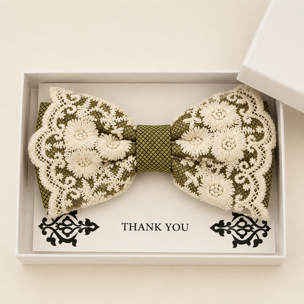 Olive Green and Ivory Lace Bow Tie — Wedding & Everyday Handmade Pre-Tied