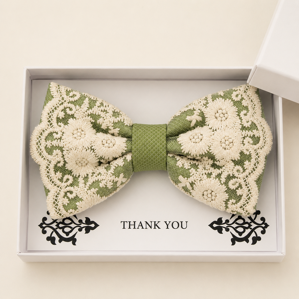 Green and Ivory Lace Bow Tie — Wedding & Everyday Handmade Pre-Tied