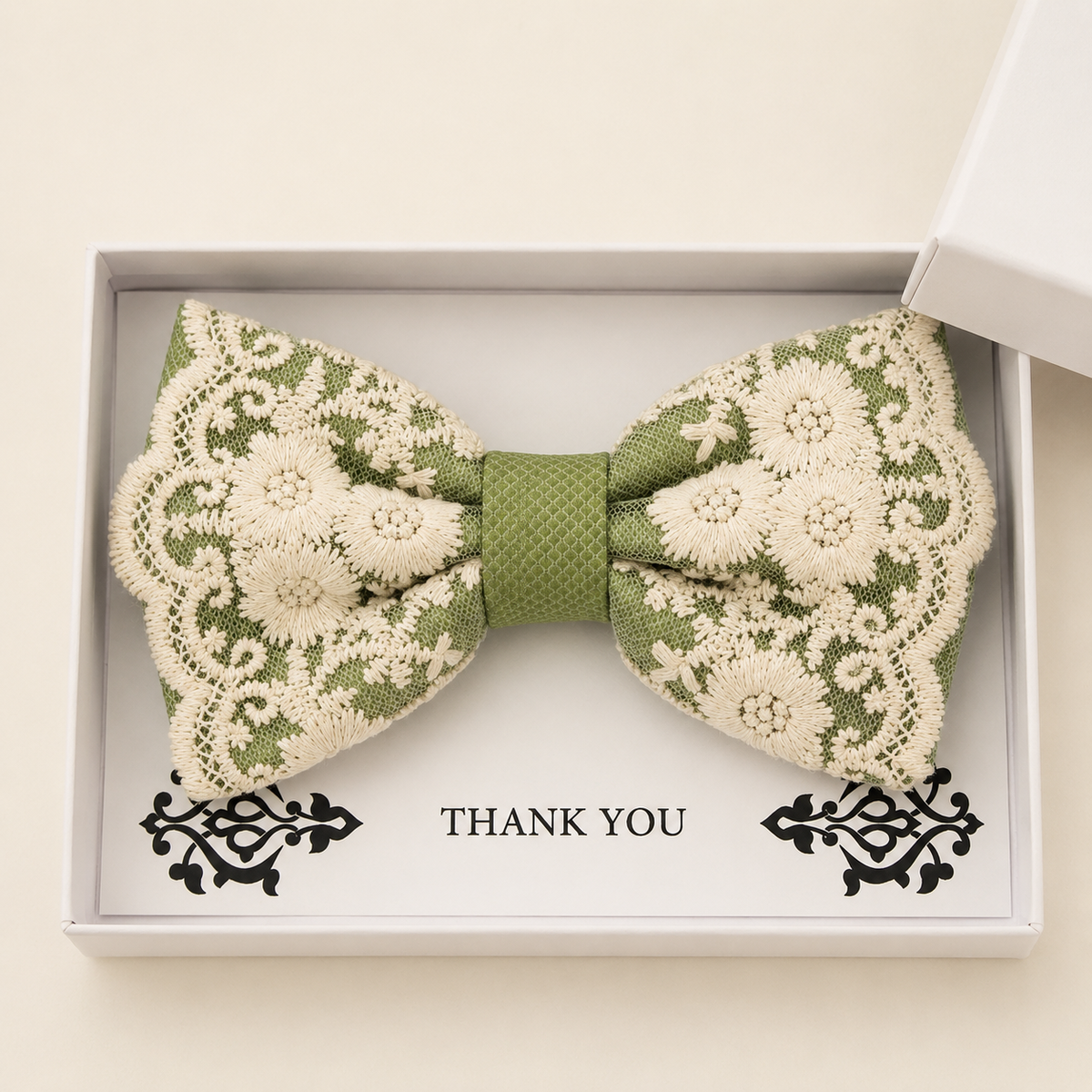Green and Ivory Lace Bow Tie — Wedding & Everyday Handmade Pre-Tied