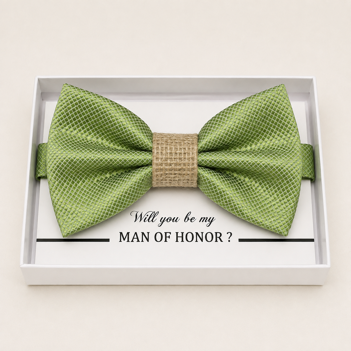 Green and Burlap Bow Tie — Wedding & Everyday, Adult & Kids Handmade Pre-Tied