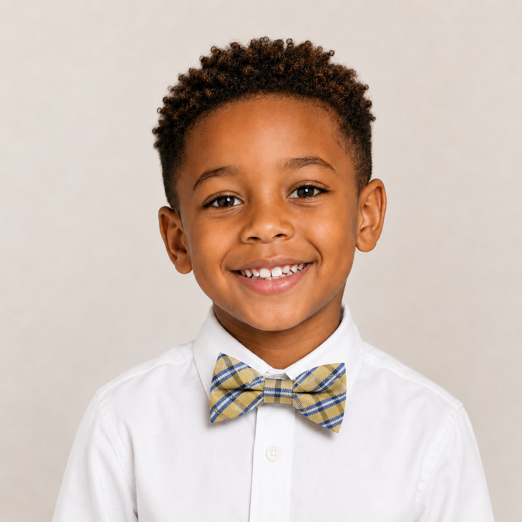 Yellow Navy Plaid boys bow tie for kids — handmade, pre-tied and adjustable
