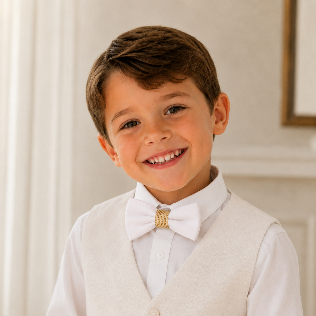White Burlap boys bow tie for kids — handmade, pre-tied and adjustable