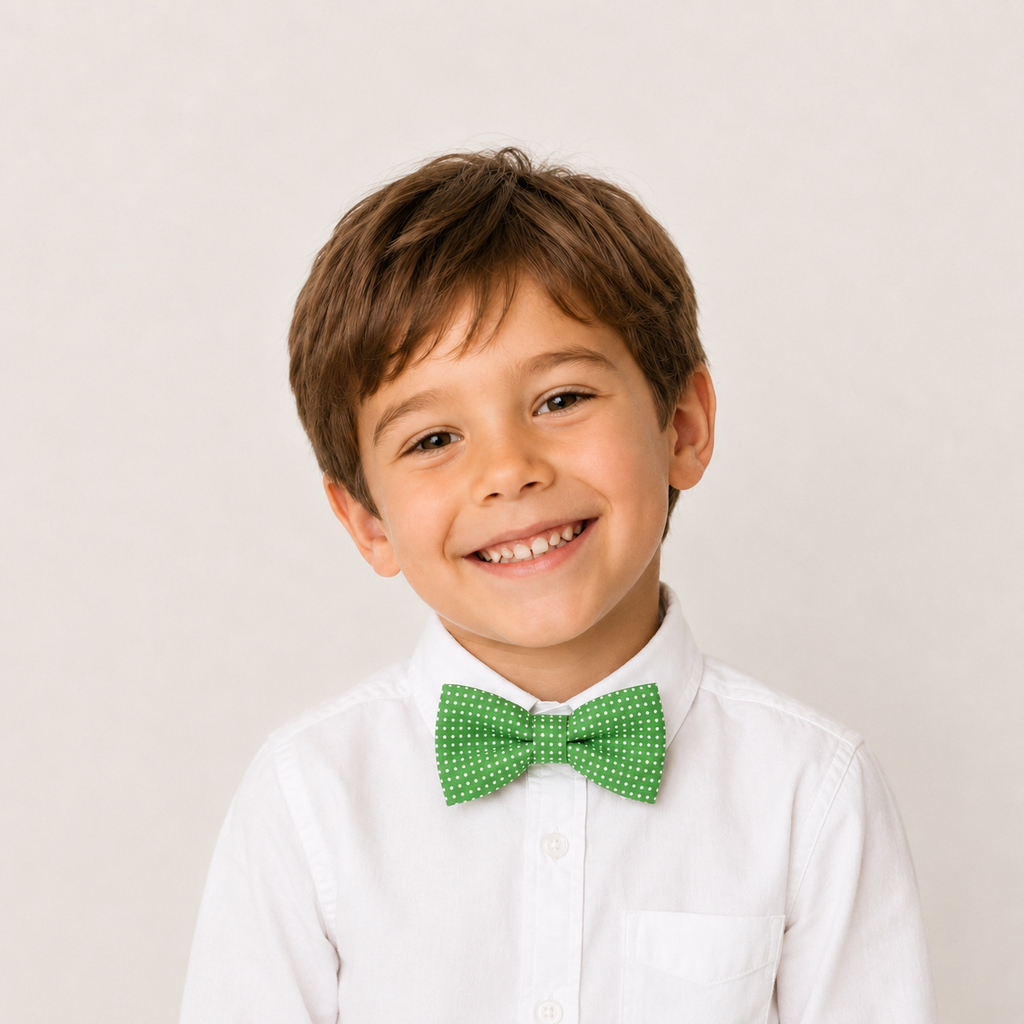 White & Green boys bow tie for kids — handmade, pre-tied and adjustable