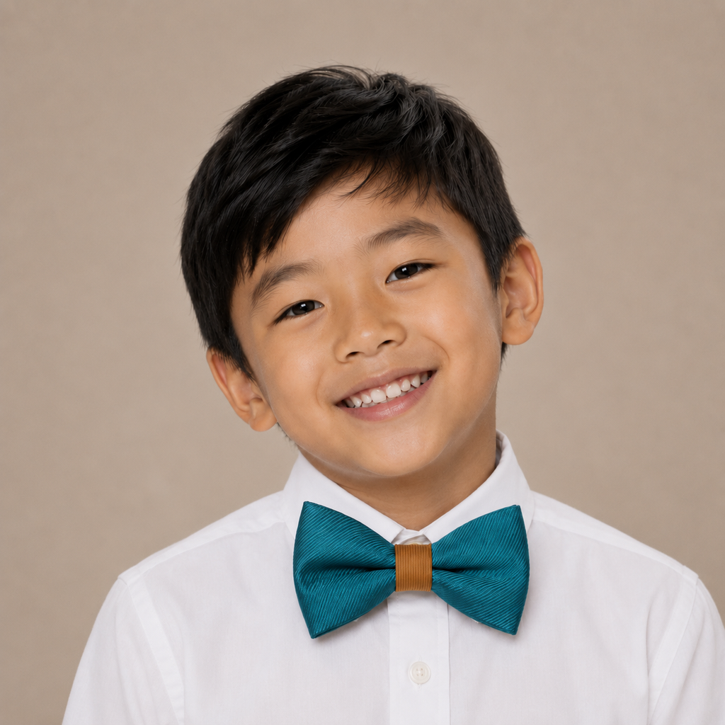 Teal Blue & Orange boys bow tie for kids — handmade, pre-tied and adjustable