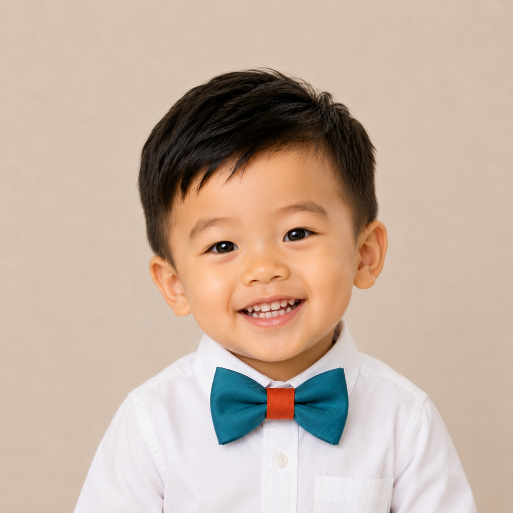 Teal Blue & Cinnamon boys bow tie for kids — handmade, pre-tied and adjustable