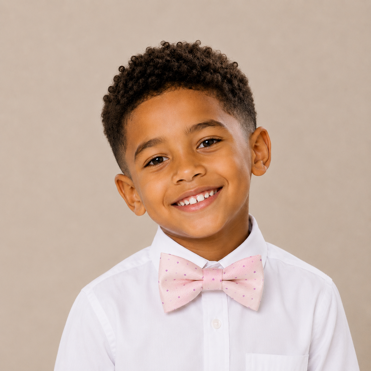 Soft Pink Polka Dots boys bow tie for kids — handmade, pre-tied and adjustable
