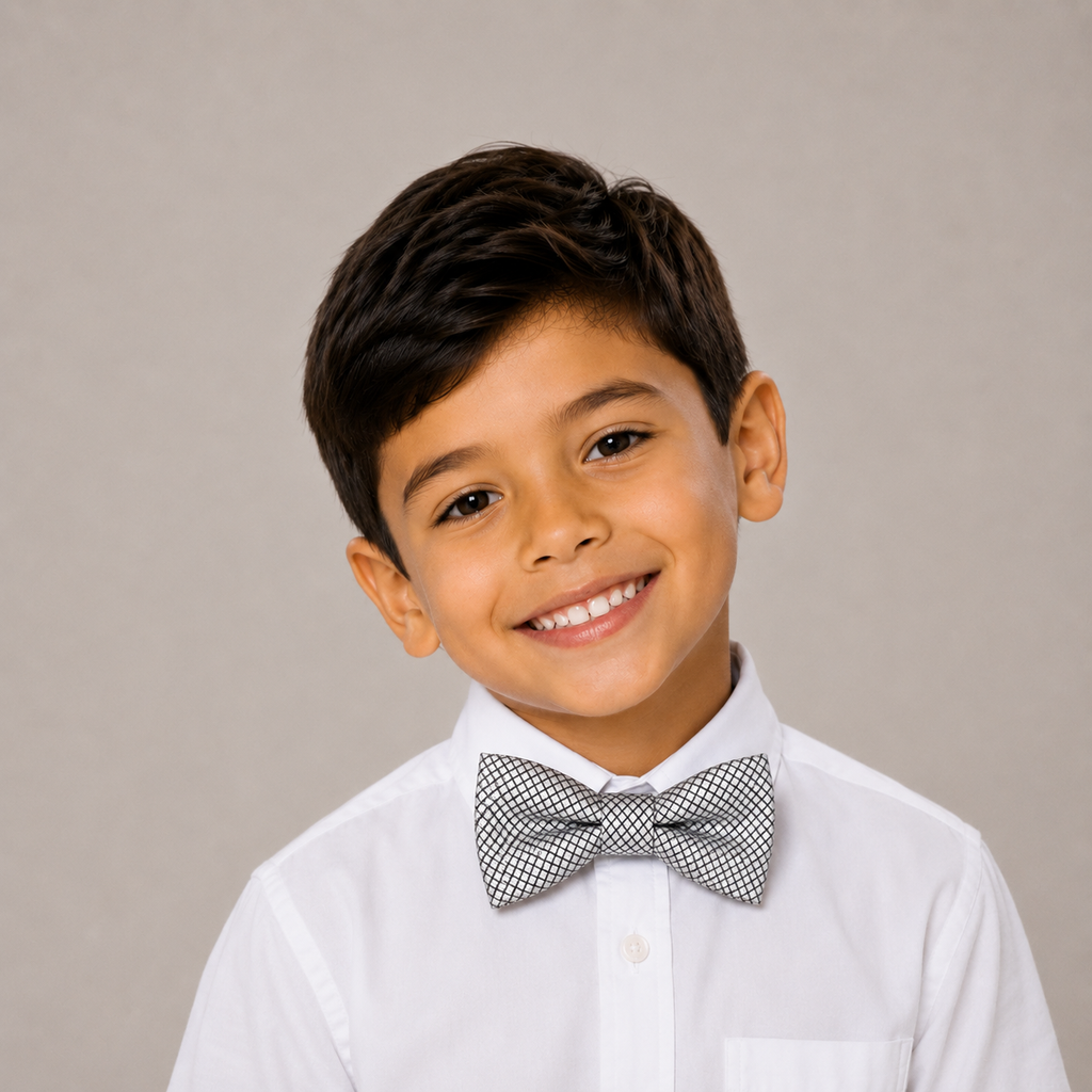 Silver boys bow tie for kids — handmade, pre-tied and adjustable