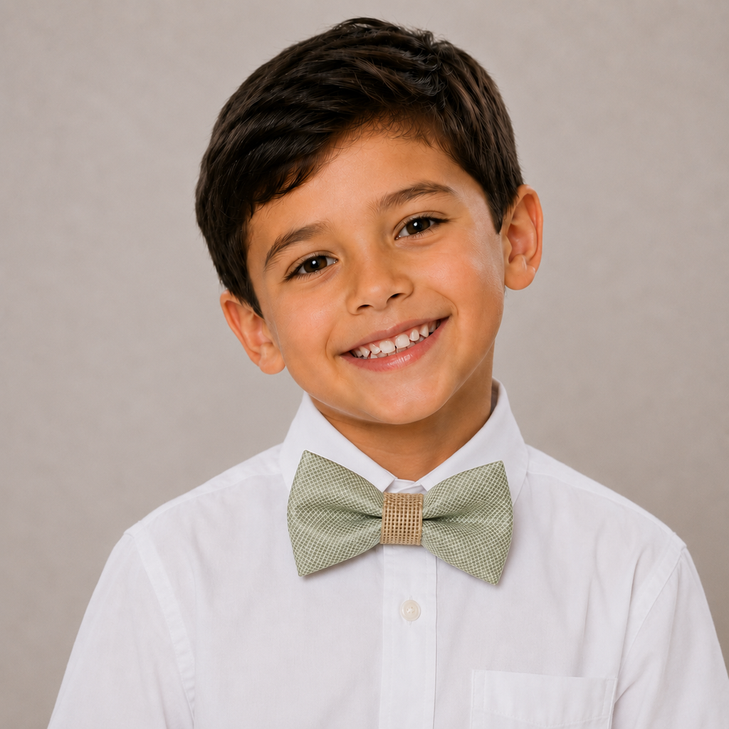 Sage Green Burlap boys bow tie for kids — handmade, pre-tied and adjustable