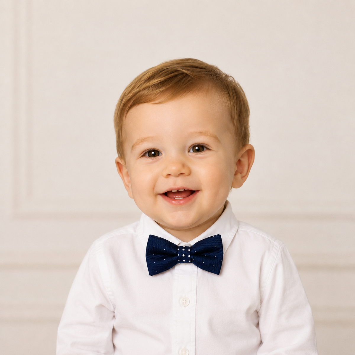 Navy Polka Dots boys bow tie for kids — handmade, pre-tied and adjustable