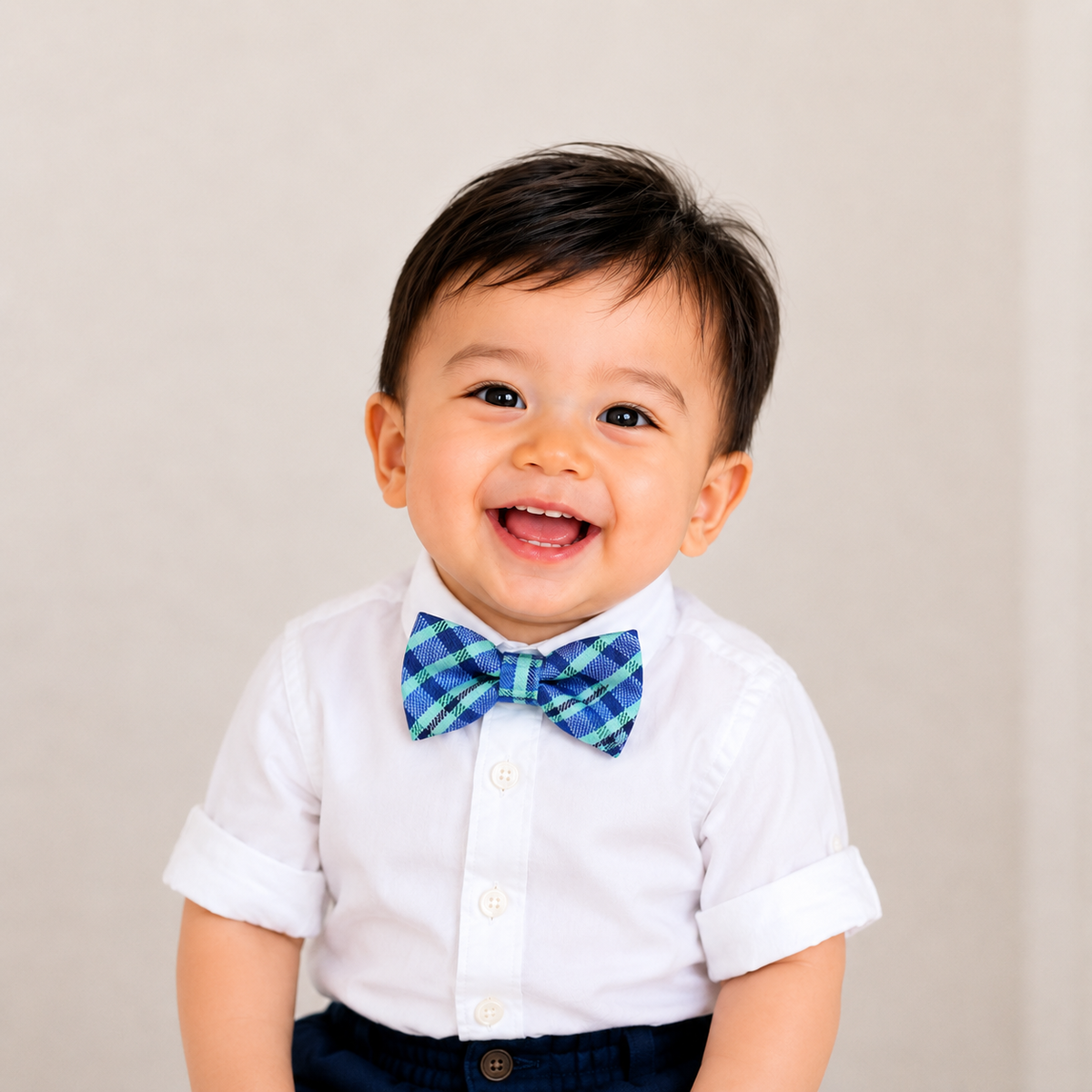Navy Plaid Polka Dots boys bow tie for kids — handmade, pre-tied and adjustable