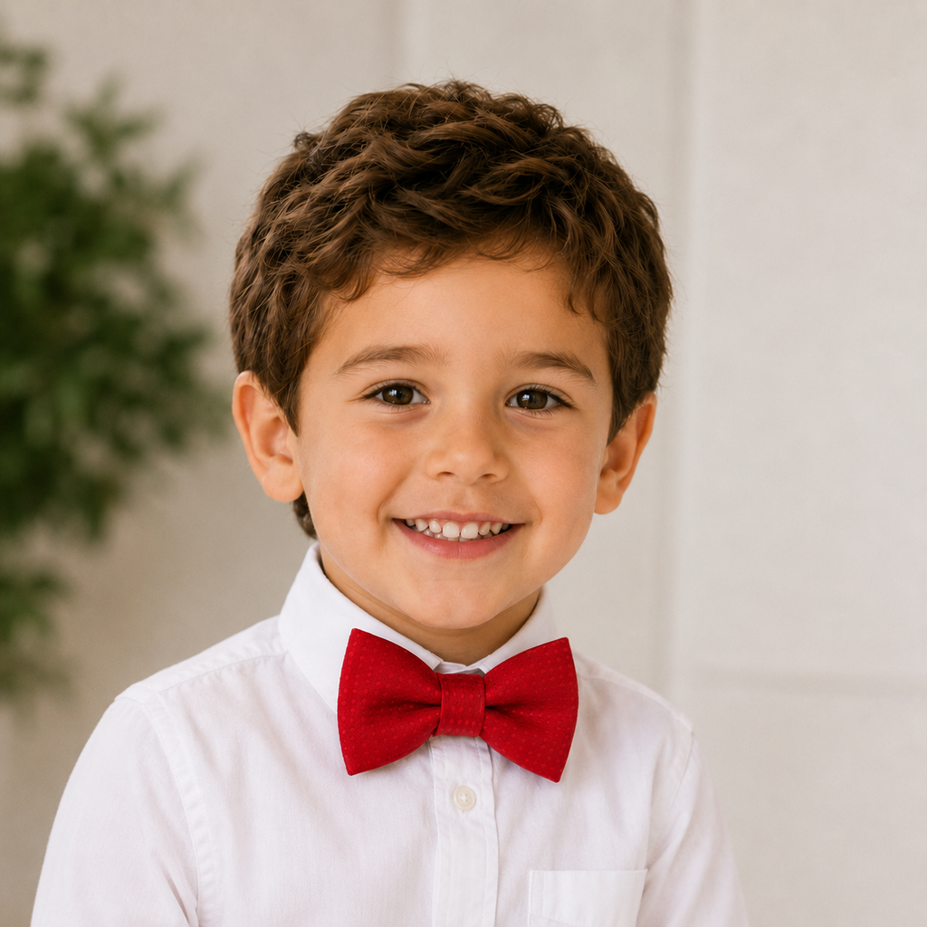 Red boys bow tie for kids — handmade, pre-tied and adjustable