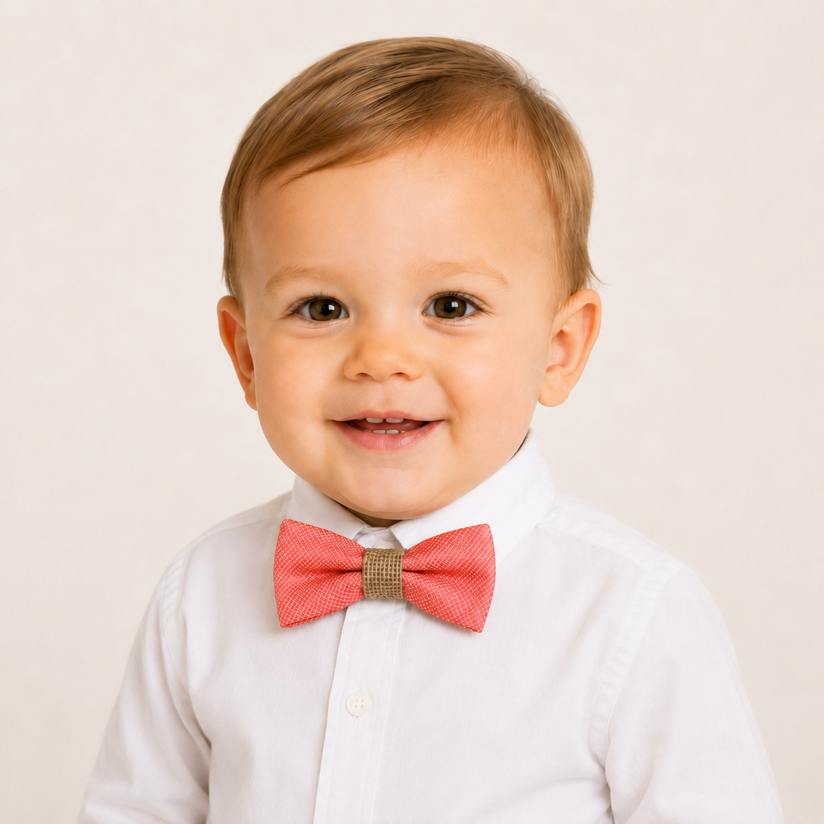 Coral Burlap boys bow tie for kids — handmade, pre-tied and adjustable