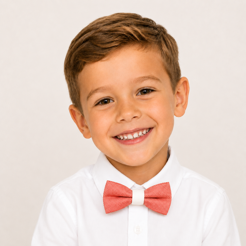 Coral & White boys bow tie for kids — handmade, pre-tied and adjustable