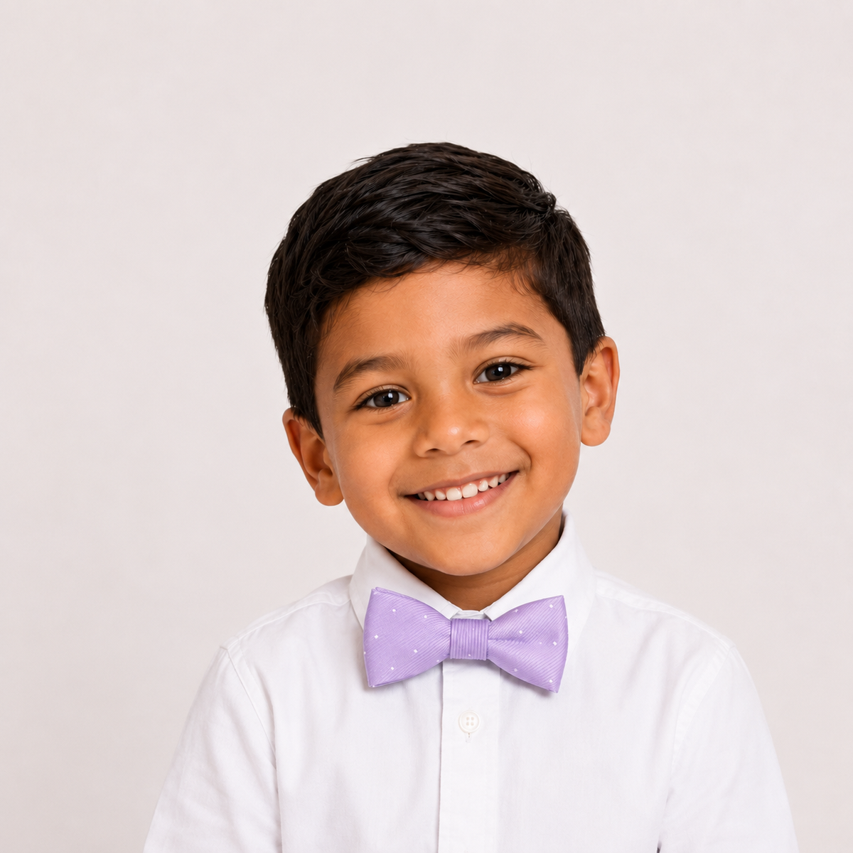 Lilac Polka Dots boys bow tie for kids — handmade, pre-tied and adjustable