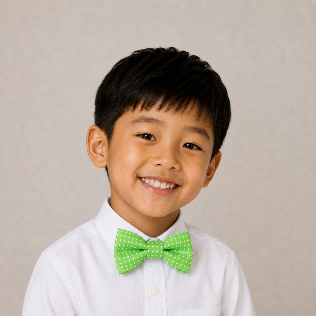 Green boys bow tie for kids — handmade, pre-tied and adjustable