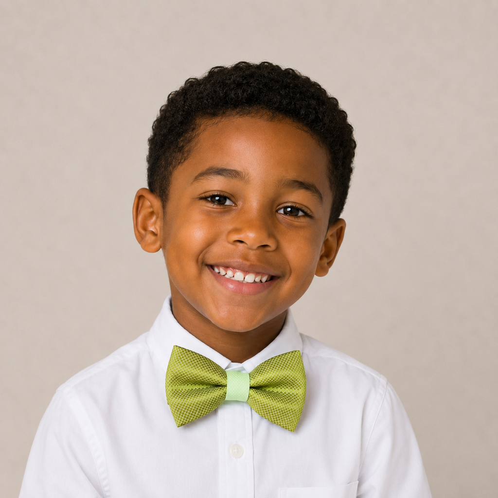 Green boys bow tie for kids — handmade, pre-tied and adjustable