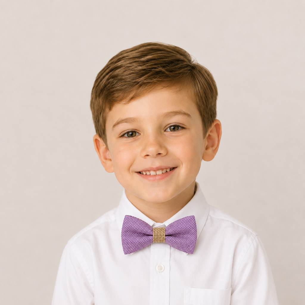 Dusty Lavender Burlap boys bow tie for kids — handmade, pre-tied and adjustable