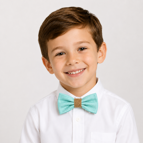 Aqua Burlap boys bow tie for kids — handmade, pre-tied and adjustable