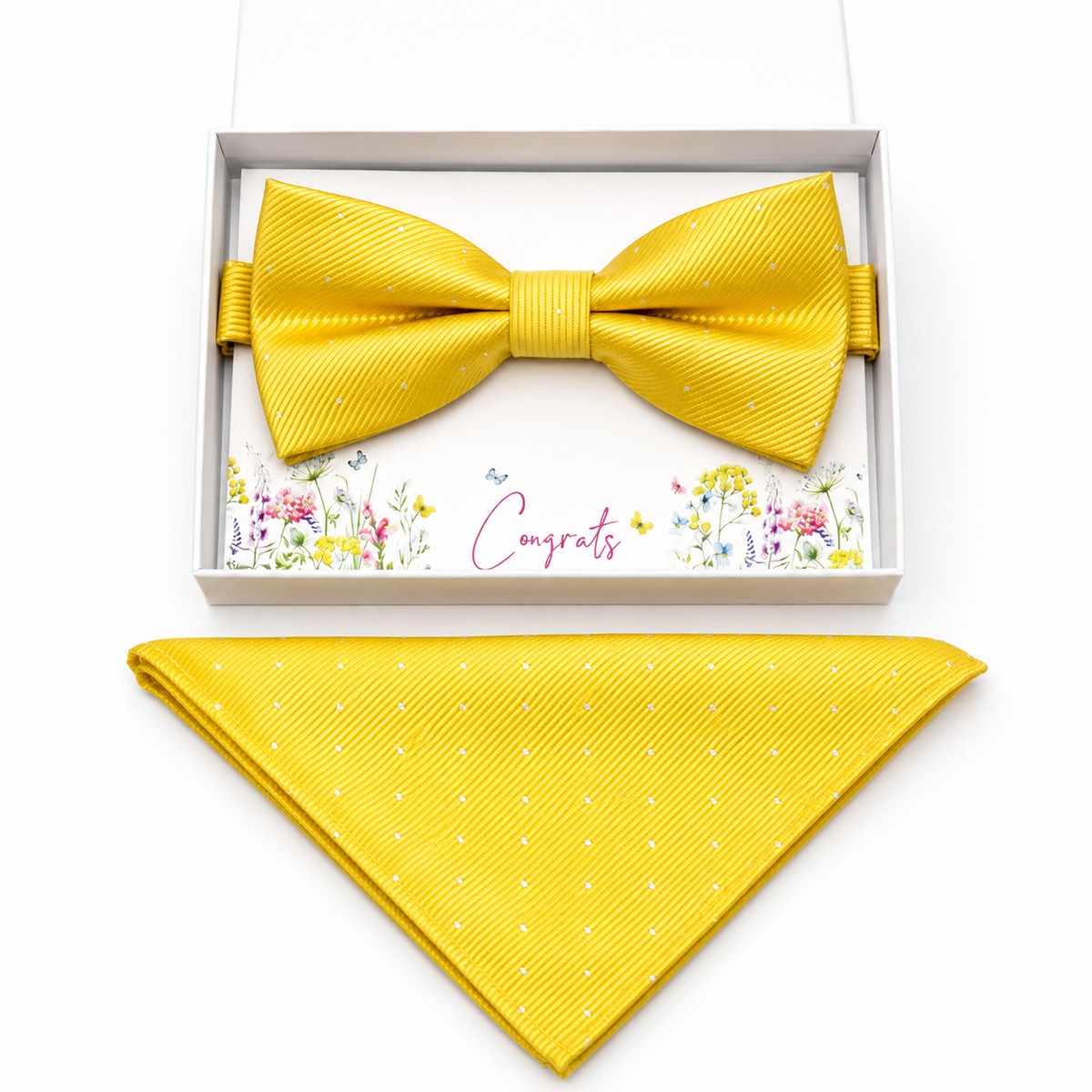 Yellow Polka Dots bow tie and pocket square set — handmade, pre-tied and adjustable