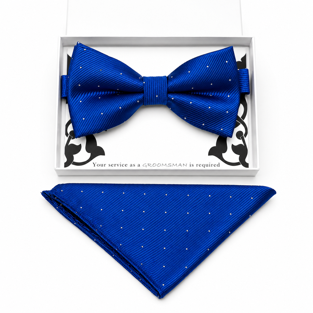 Royal Blue bow tie and pocket square set — handmade, pre-tied and adjustable