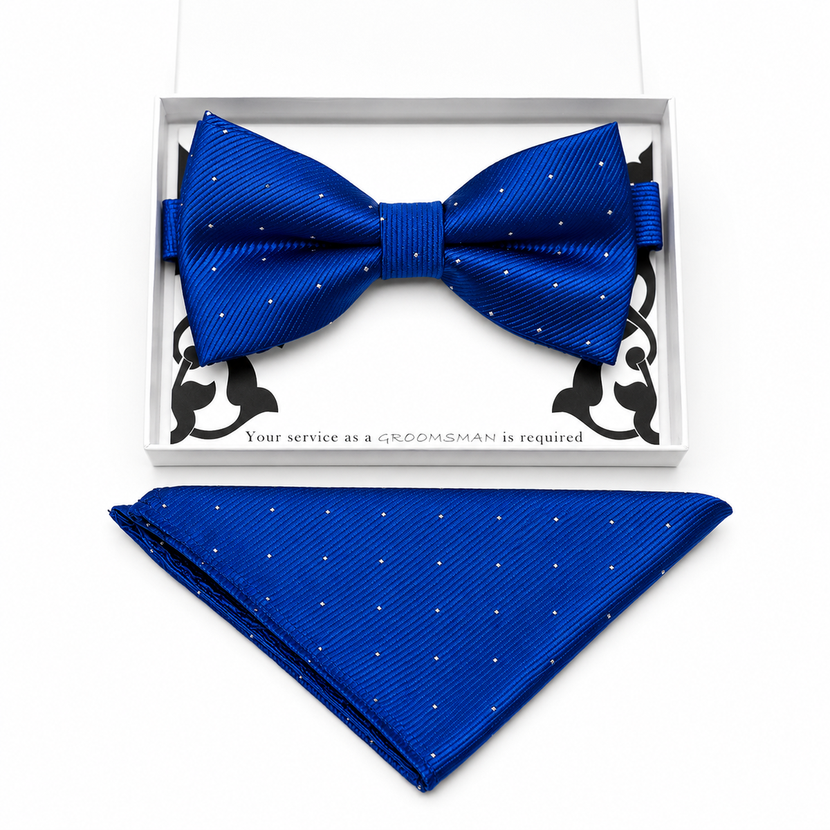Royal Blue bow tie and pocket square set — handmade, pre-tied and adjustable
