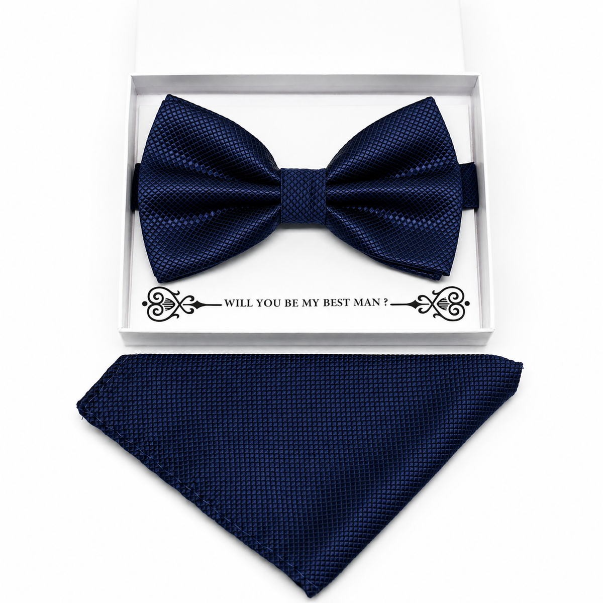 Navy bow tie and pocket square set — handmade, pre-tied and adjustable