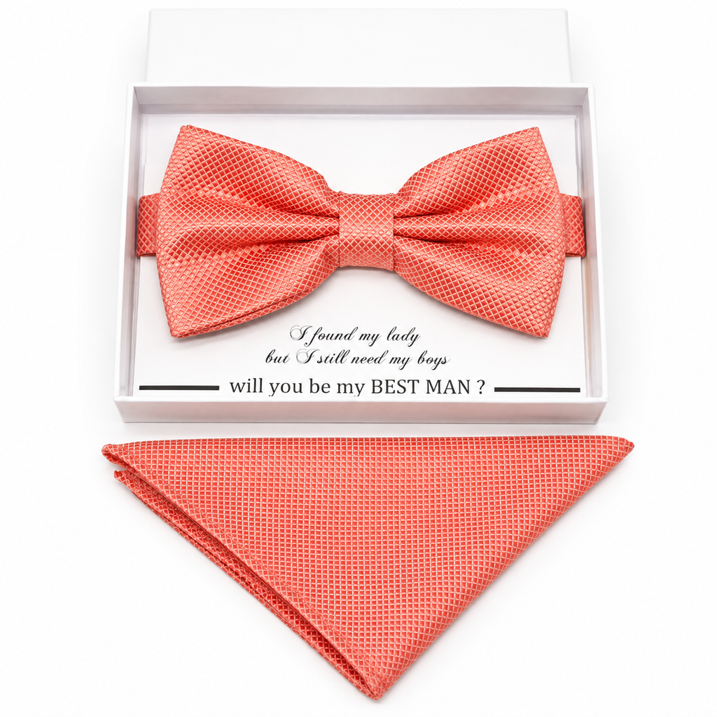 Coral bow tie and pocket square set — handmade, pre-tied and adjustable