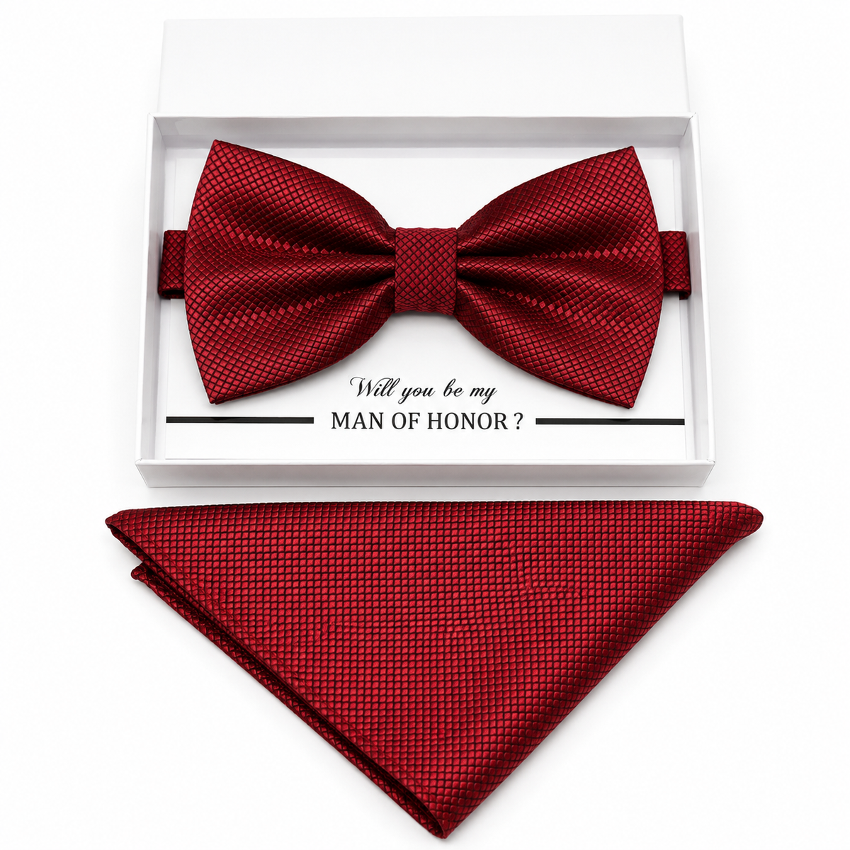 Red bow tie and pocket square set — handmade, pre-tied and adjustable