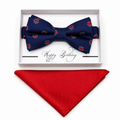 Navy Ladybug bow tie and pocket square set — handmade, pre-tied and adjustable