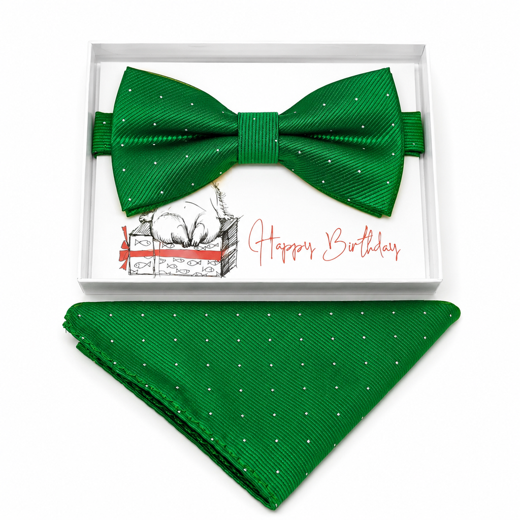 Green Polka Dots bow tie and pocket square set — handmade, pre-tied and adjustable