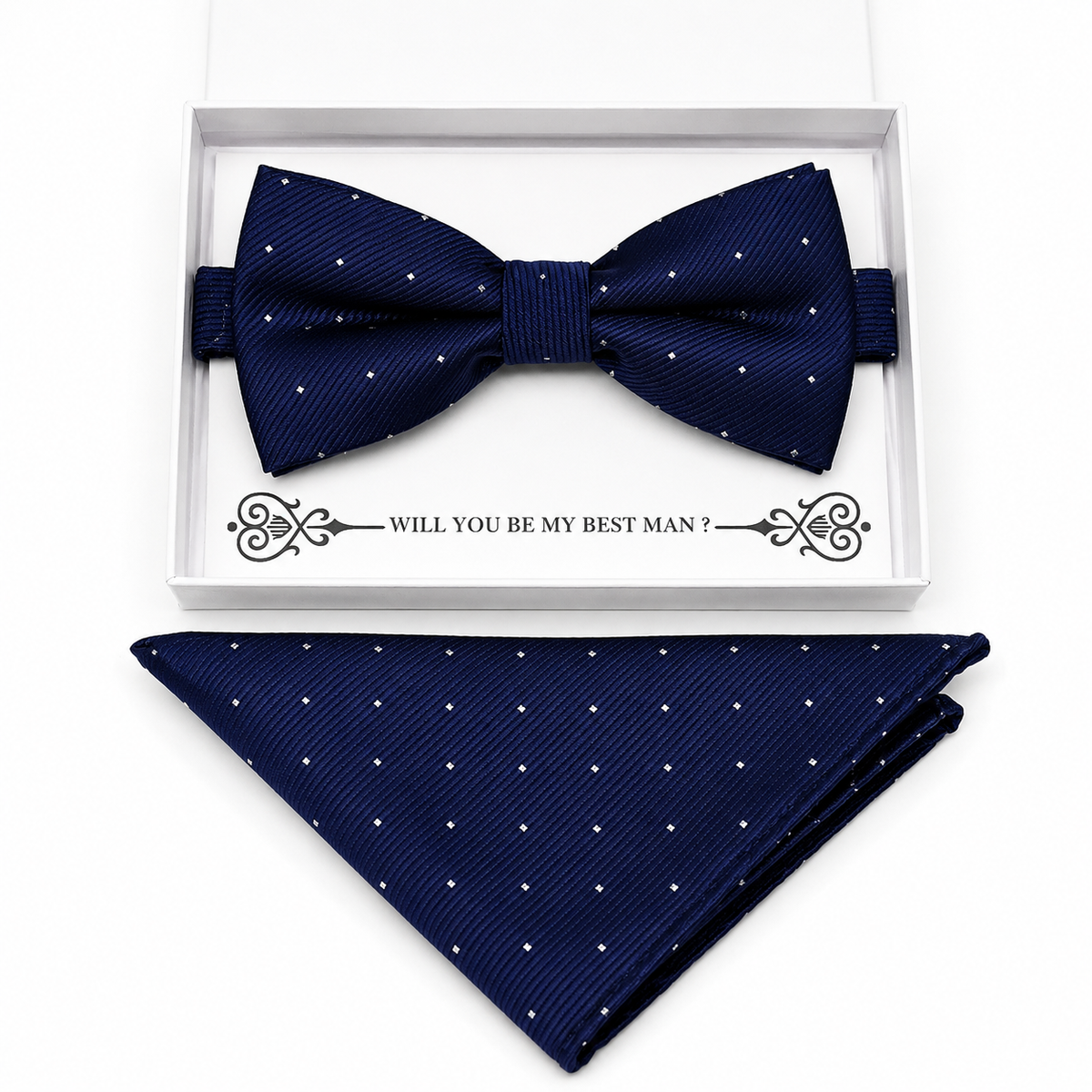 Navy Polka Dots bow tie and pocket square set — handmade, pre-tied and adjustable