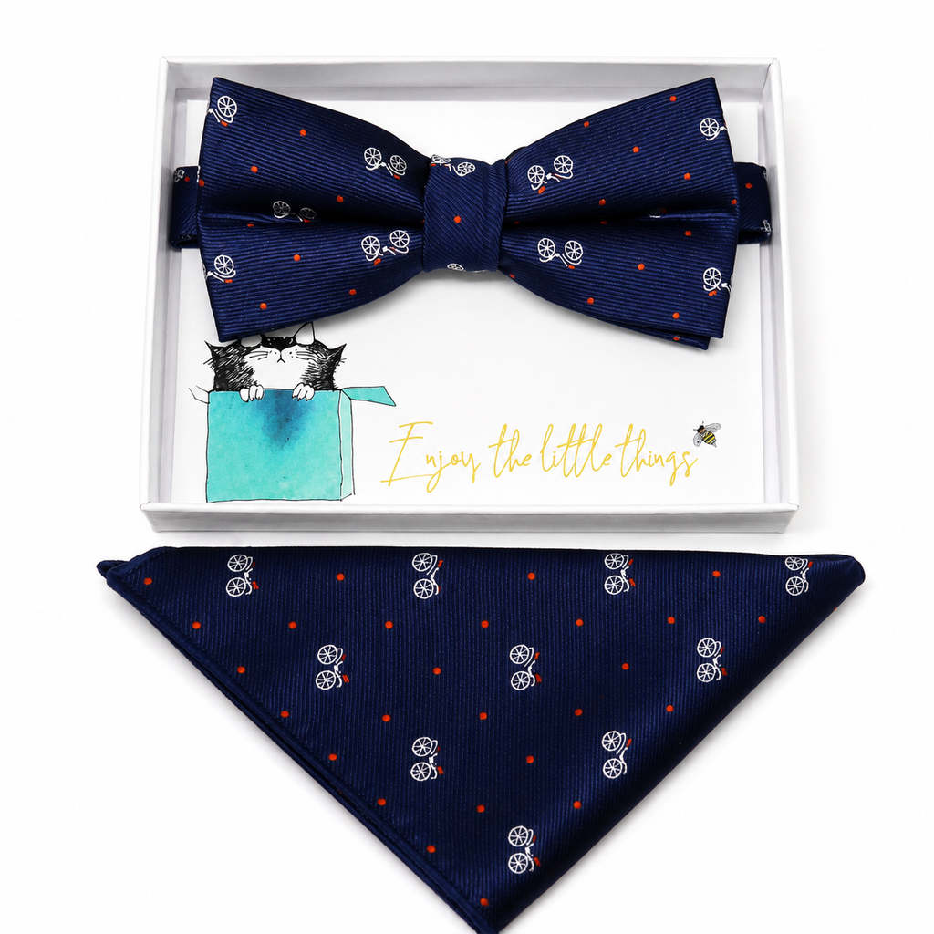Navy bow tie and pocket square set — handmade, pre-tied and adjustable