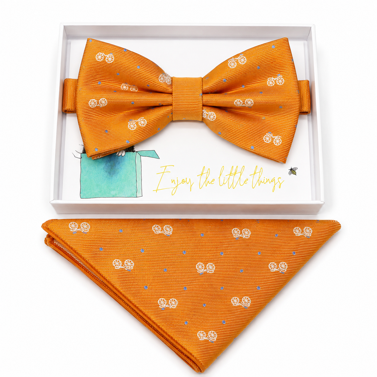 Orange bow tie and pocket square set — handmade, pre-tied and adjustable