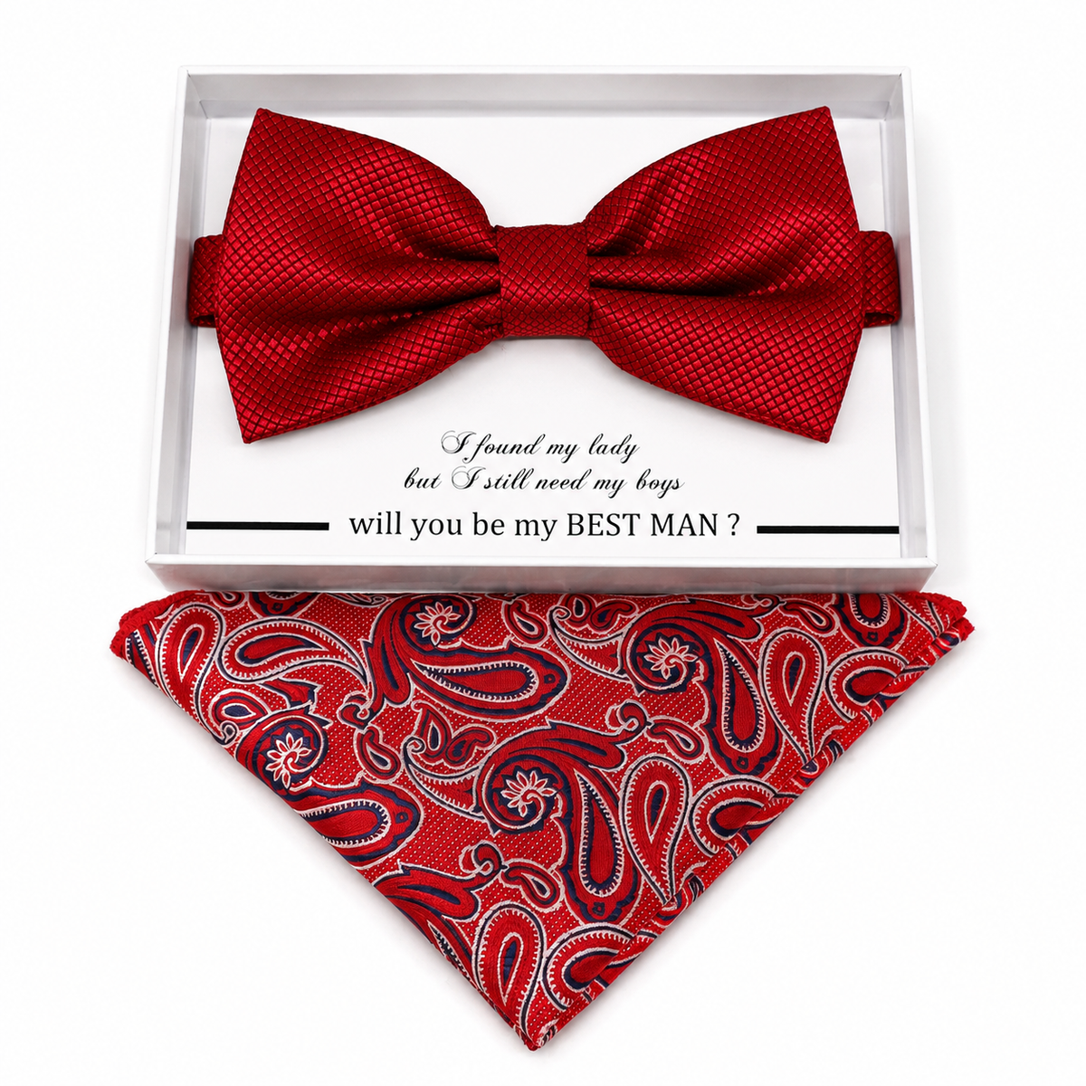 Red Paisley bow tie and pocket square set — handmade, pre-tied and adjustable