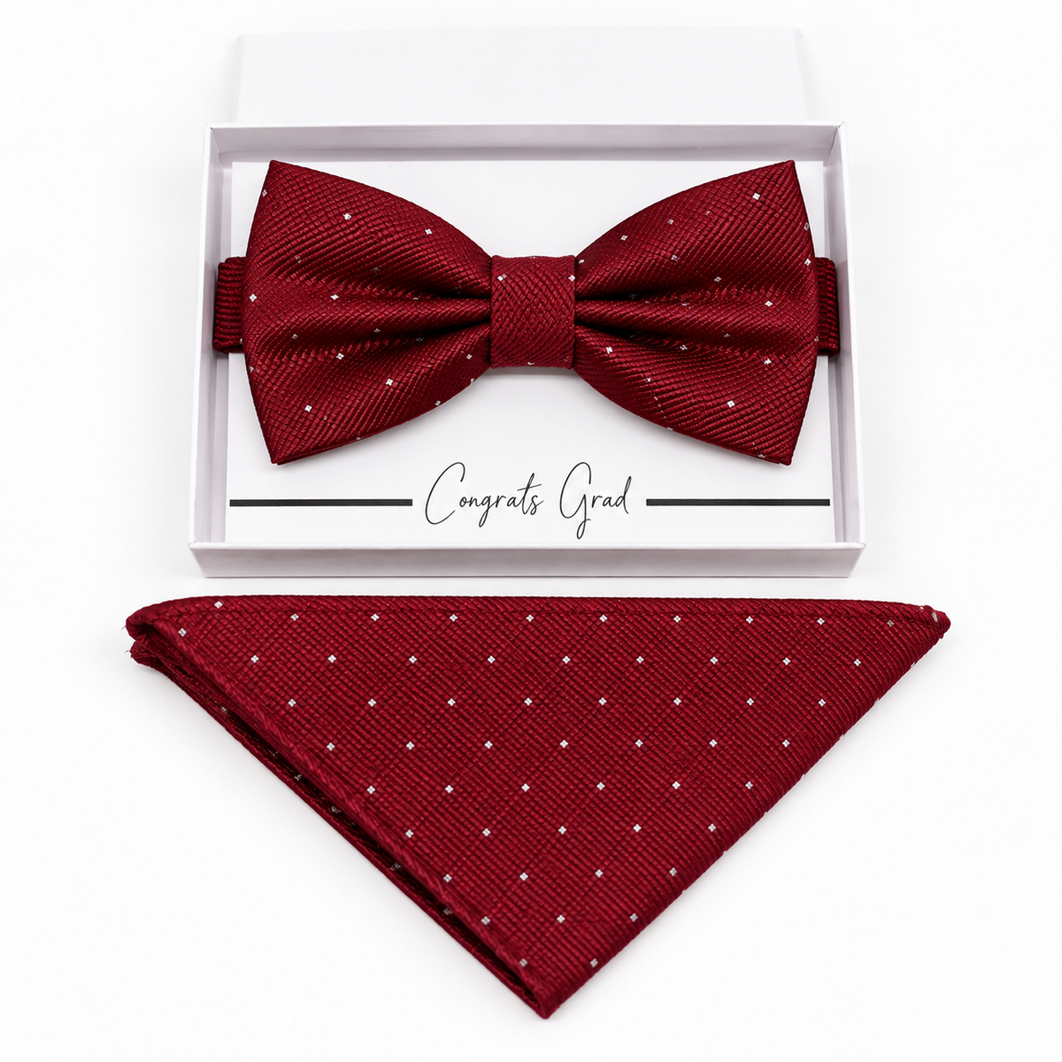 Burgundy Polka Dots bow tie and pocket square set — handmade, pre-tied and adjustable