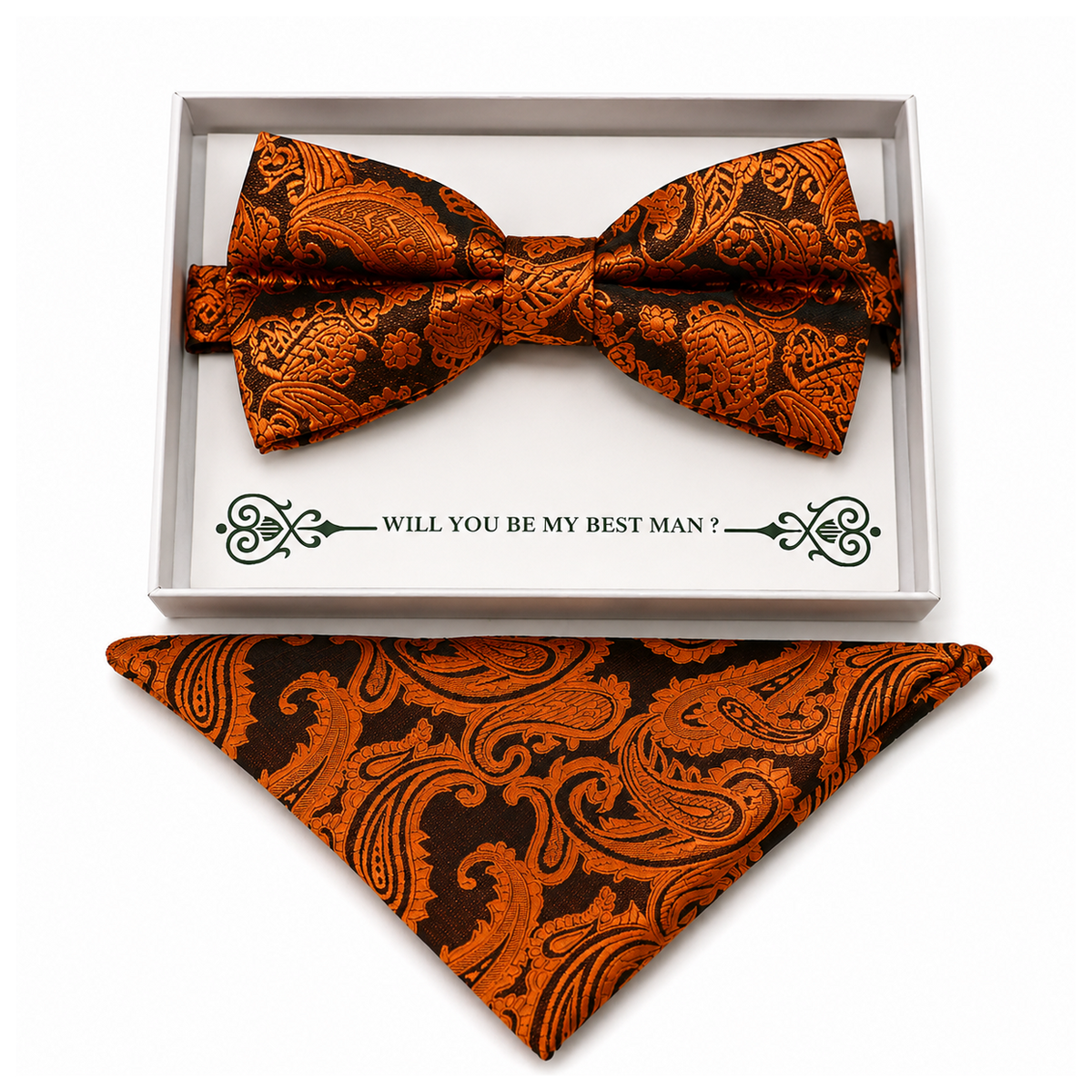 Copper Paisley bow tie and pocket square set — handmade, pre-tied and adjustable