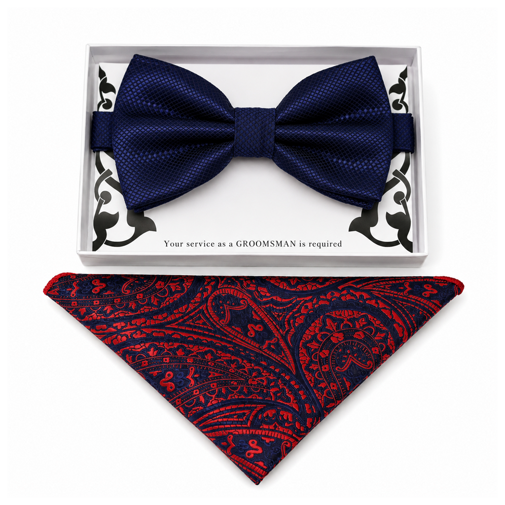Navy Paisley bow tie and pocket square set — handmade, pre-tied and adjustable