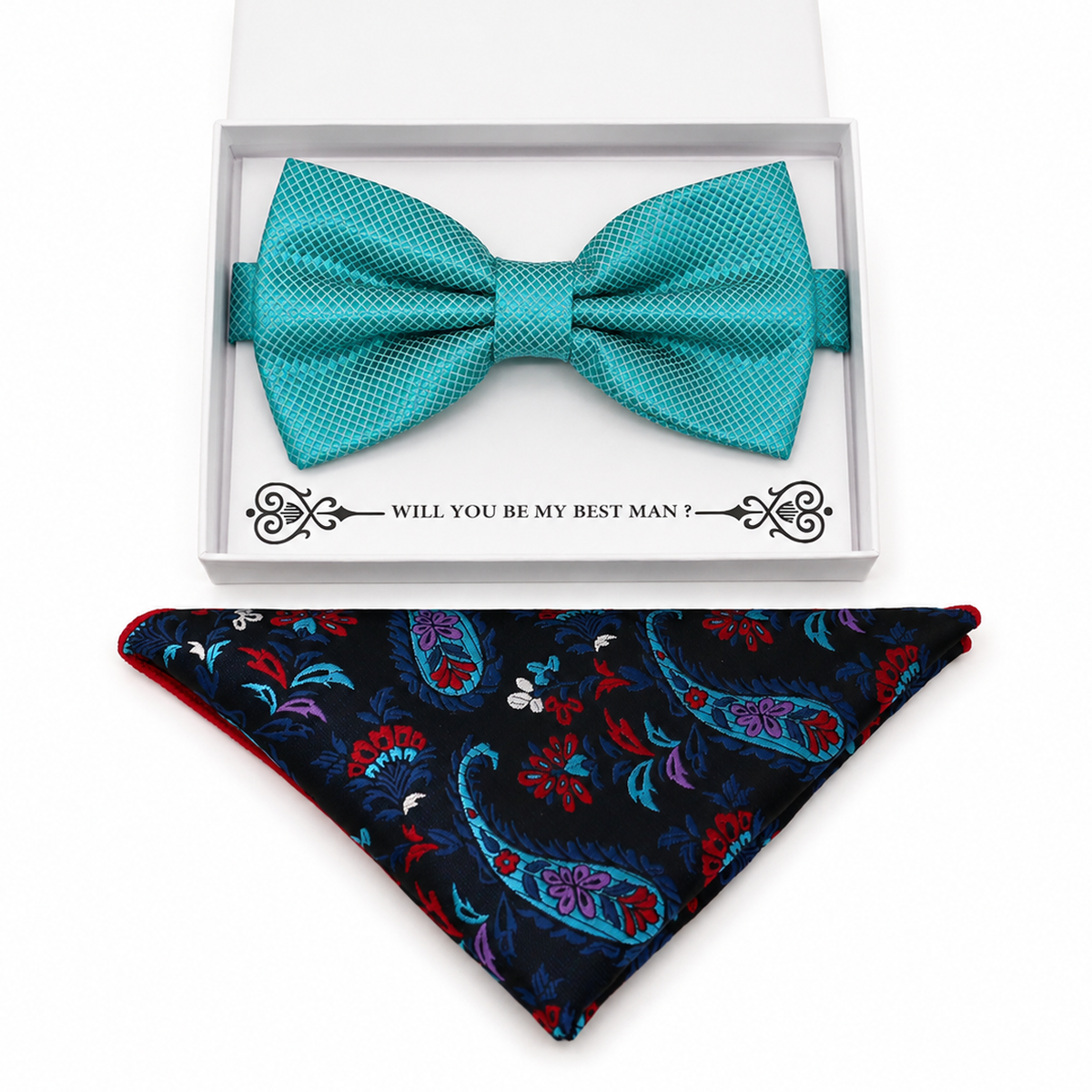 Teal Blue Paisley bow tie and pocket square set — handmade, pre-tied and adjustable