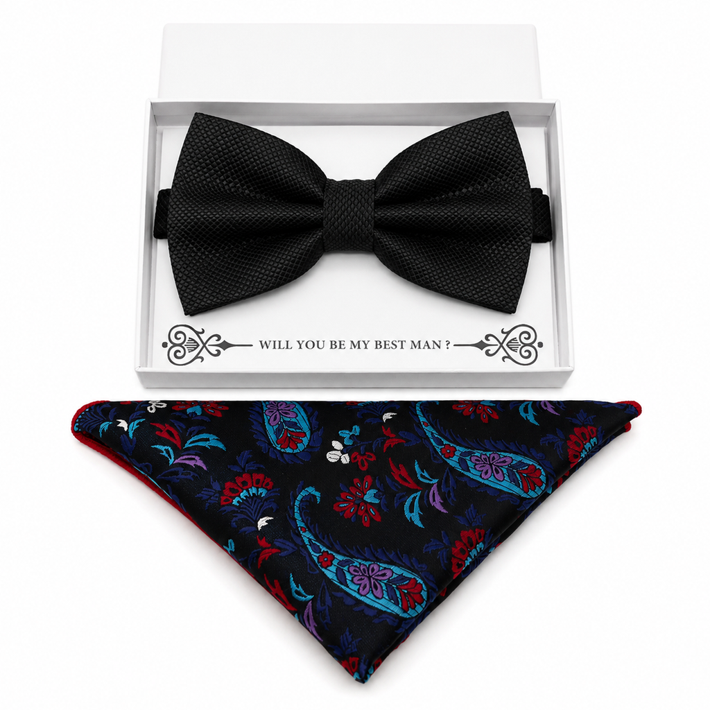 Black Paisley bow tie and pocket square set — handmade, pre-tied and adjustable